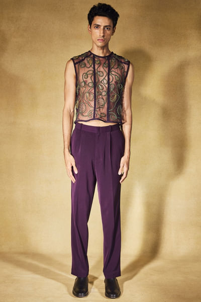 Purple and green cord embroidered co-ord set