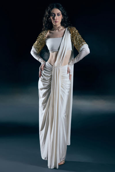 Ivory pre-draped sari set