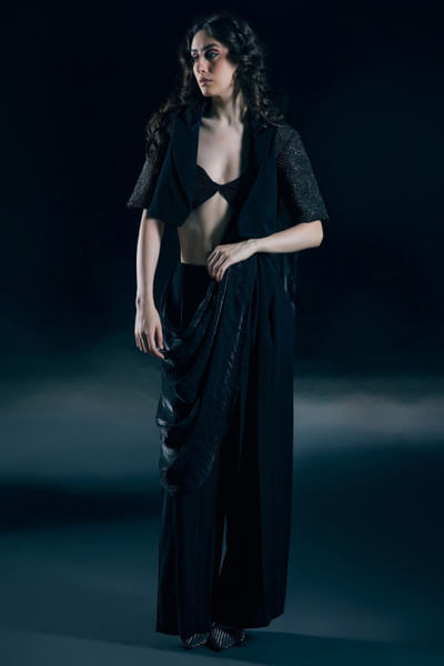 Black pre-draped sari set