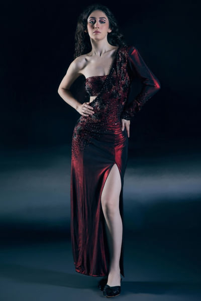 Flame red asymmetric sari gown