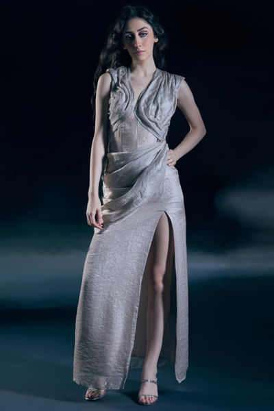 Ivory draped cowl gown