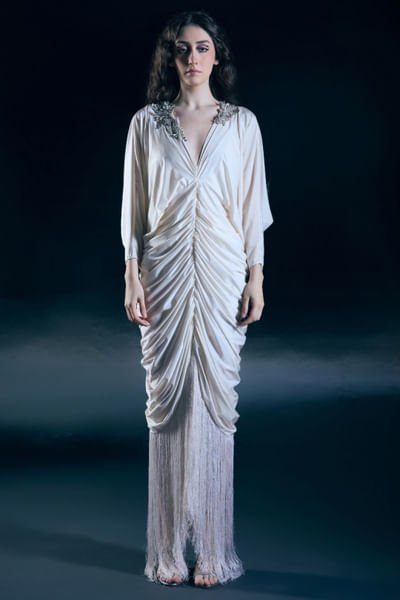 Ivory draped silk gown