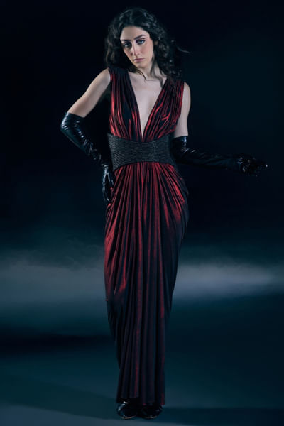 Flam red draped gown