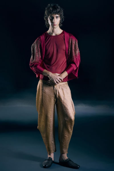 Flame red draped jacket set