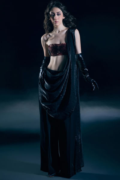 Black lycra draped sari set