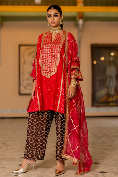 Red and pink embroidered kurta and salwar