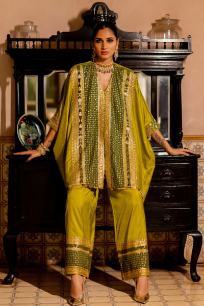 Lime and olive green embroidered kaftan set