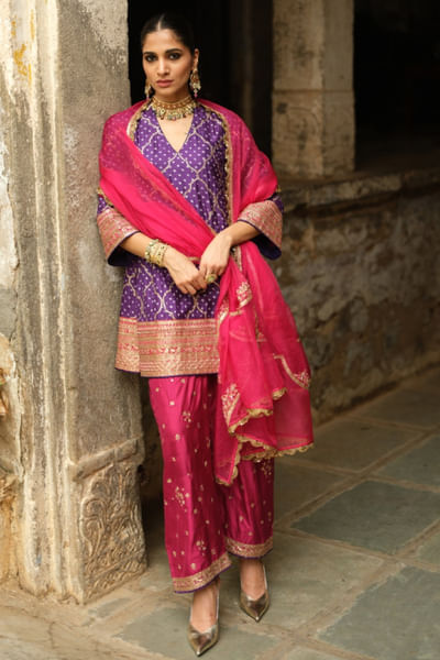 Purple bandhani embroidered kurta and salwar