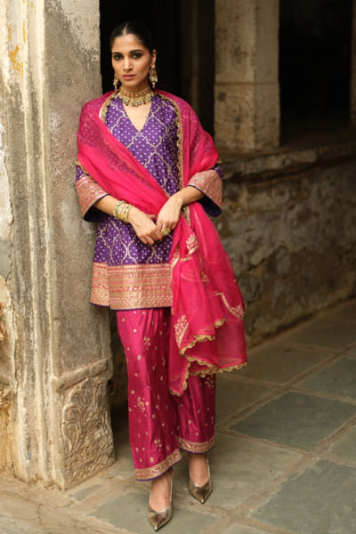Rani pink embroidered dupatta