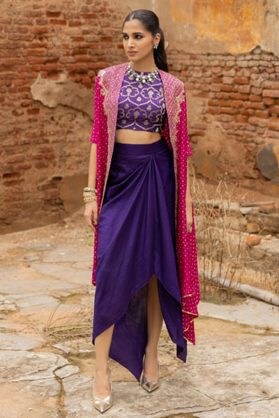 Magenta bandhani embroidered drape skirt set