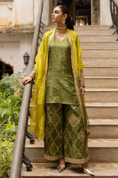 Olive green aari embroidered short kurta set