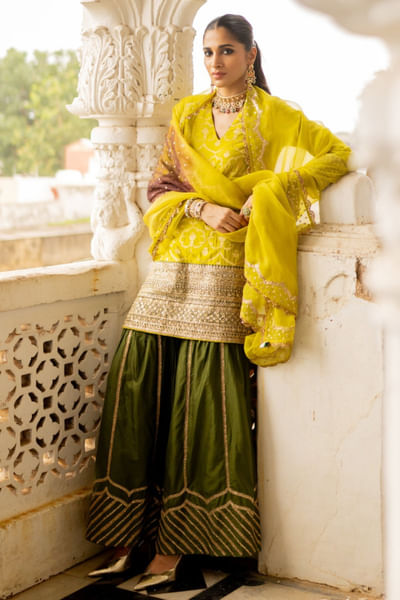 Lime and brown embroidered dupatta