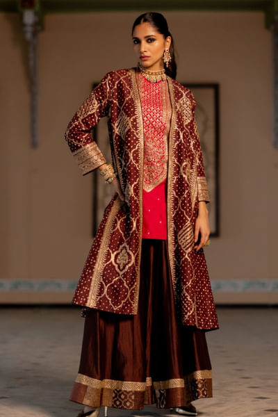 Brown bandhani embroidered jacket