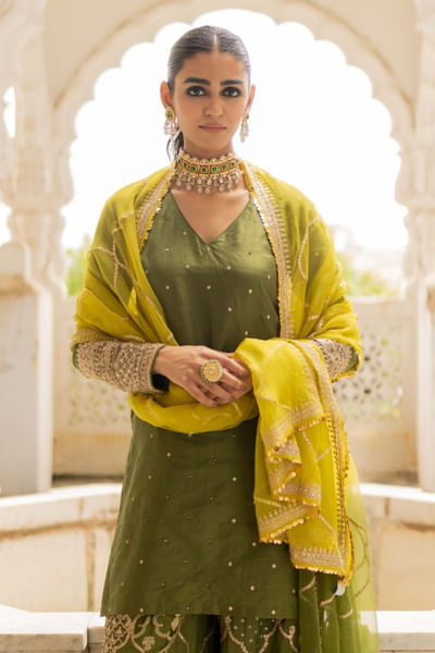 Lime and olive green jaal embroidered dupatta