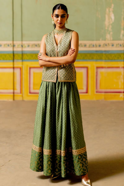 Sage green bandhani brocade jacket sharara set