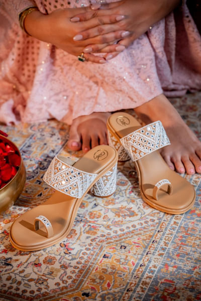 Cream and tan mirror embroidered block heels