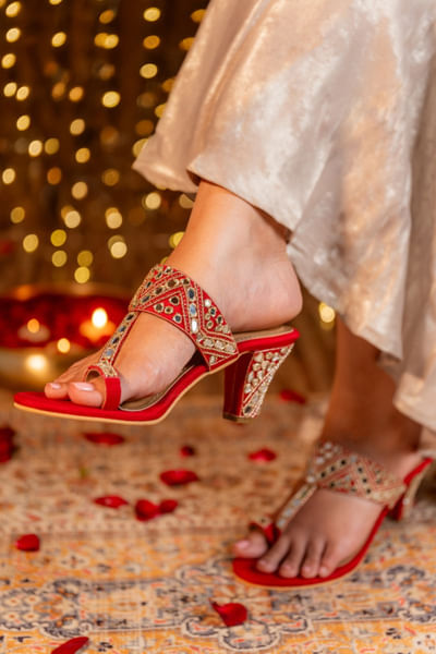 Red mirror embroidered kolhapuri block heels