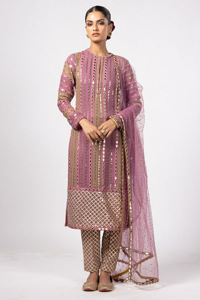 Mud mauve and deep beige gota mirror kurta set