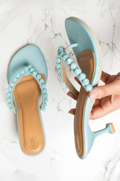 Ice blue hand embroidered strappy heels