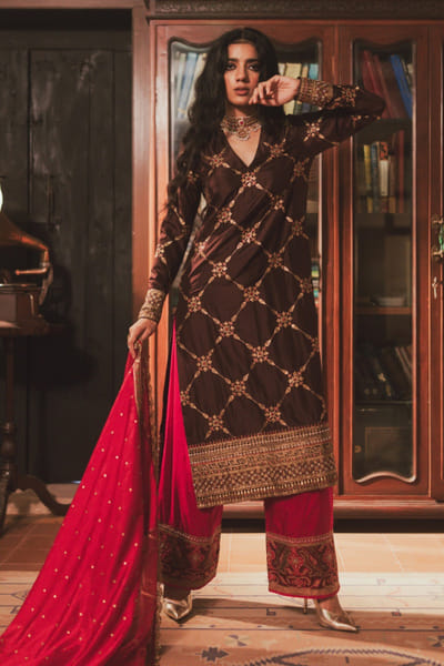 Red aari embroidered dupatta