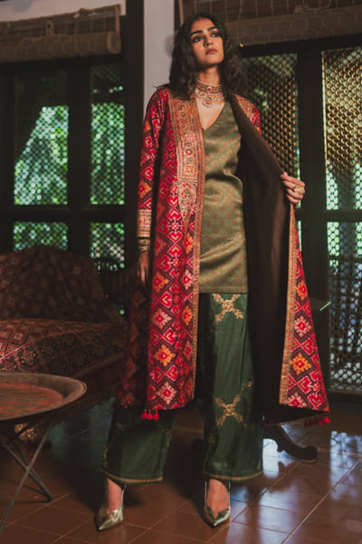 Sage green brocade embroidered kurta set