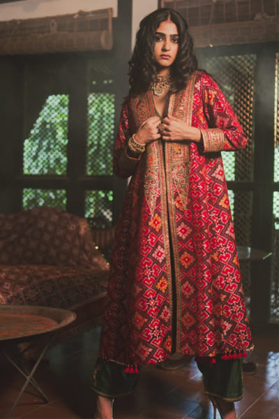 Red maroon patola printed jacket