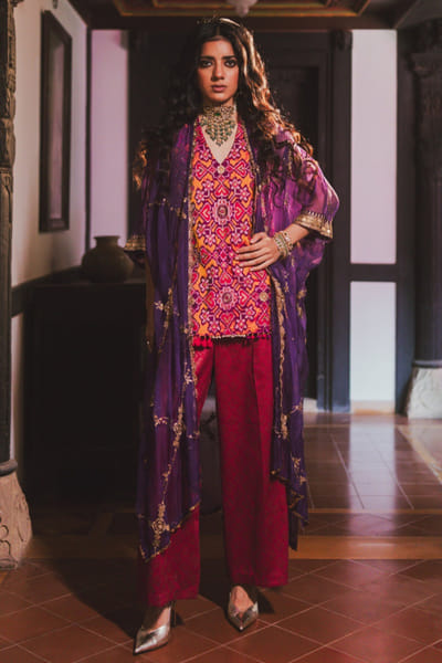 Yellow patola print embroidered cape set