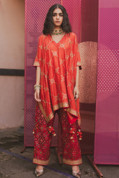 Rust bandhani embroidered kaftan set