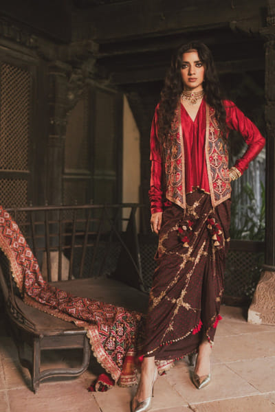 Brown bandhani draped skirt jacket set