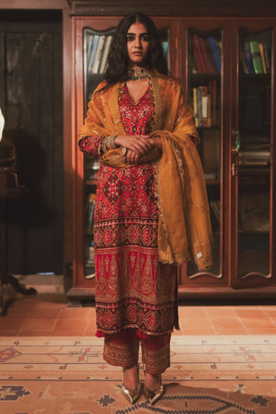 Rust patola print embroidered kurta set