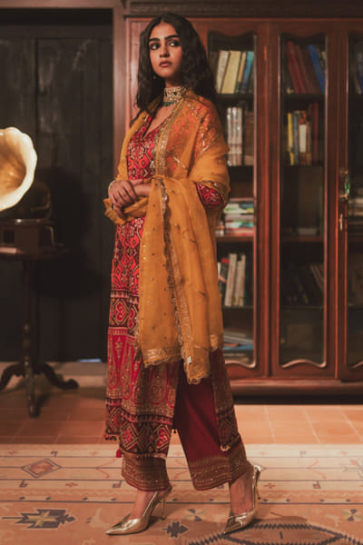 Mustard embroidered organza dupatta