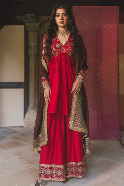 Red patola crushed anarkali sharara set