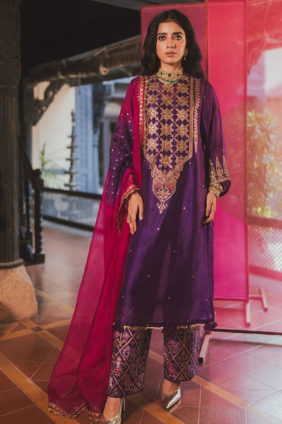 Purple patola embroidered kurta set