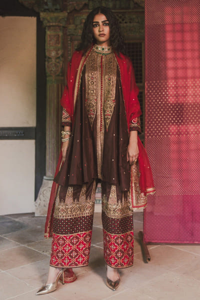 Brown patola embroidered short anarkali set