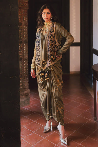 Black and olive patola jacket skirt set