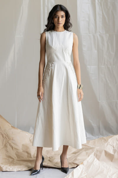 Pooja Keyur White denim embroidered maxi dress POOJMAY26D145060