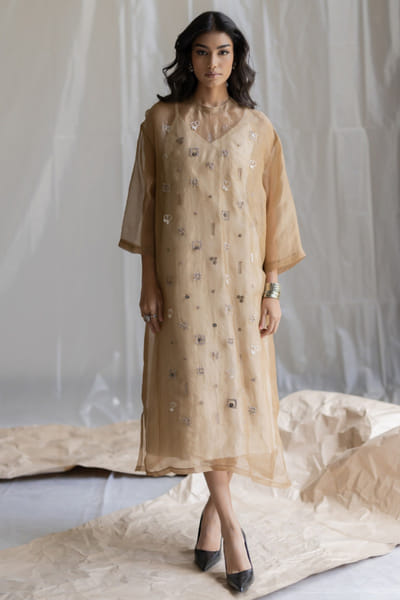 Pooja Keyur Beige embroidered layered dress POOJMAY26D145061