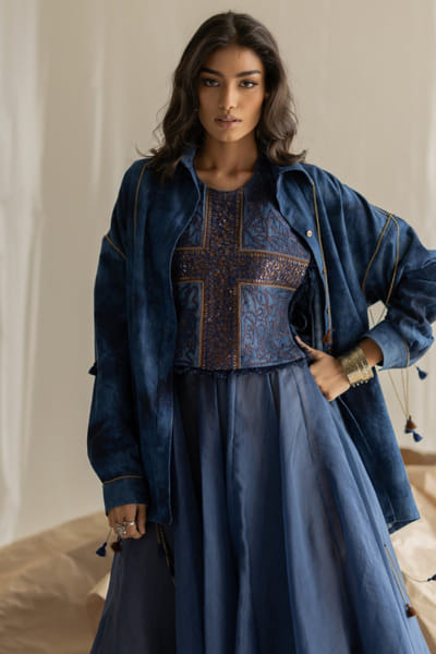 Pooja Keyur Blue denim chain tassel shirt POOJMAY26D145066