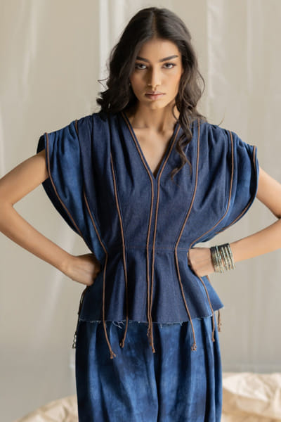 Pooja Keyur Dark blue embroidered denim top POOJMAY26D145073