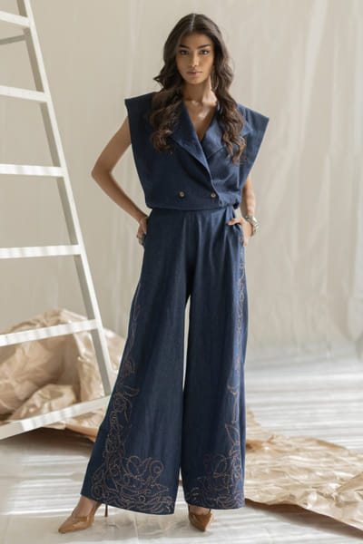 Pooja Keyur Dark blue denim blazer top POOJMAY26D145078