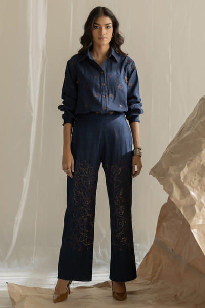 Pooja Keyur Dark blue aari embroidered pants POOJMAY26D145082
