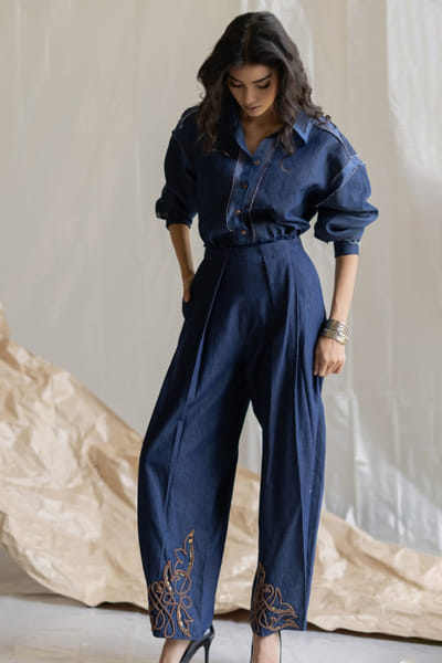 Pooja Keyur Blue embroidered pleated pants POOJMAY26D145083
