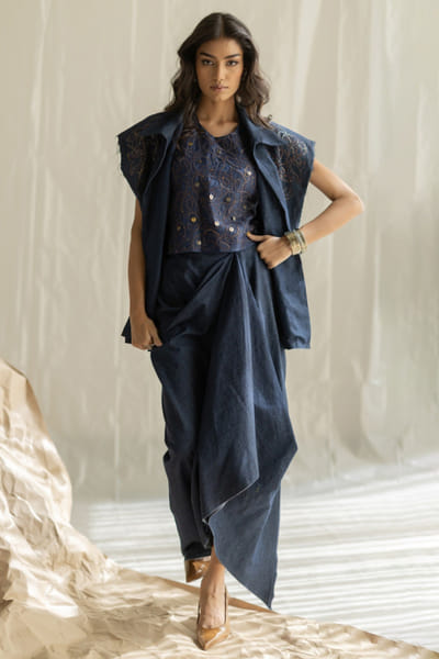 Pooja Keyur Dark blue denim drape skirt POOJMAY26D145090