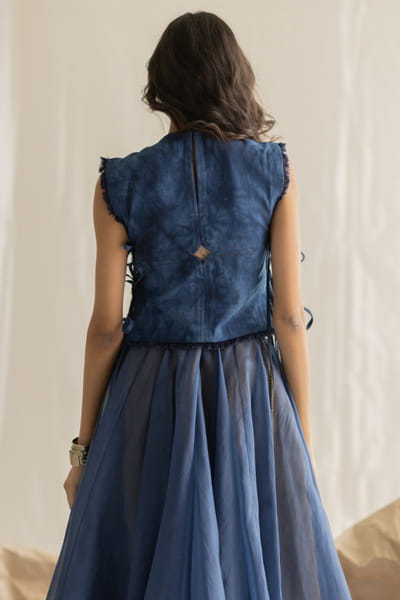 Pooja Keyur Blue tie-dye embroidered gilet top POOJMAY26D145096