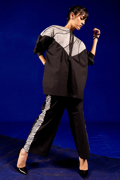 Black thread embroidered kurta and pants