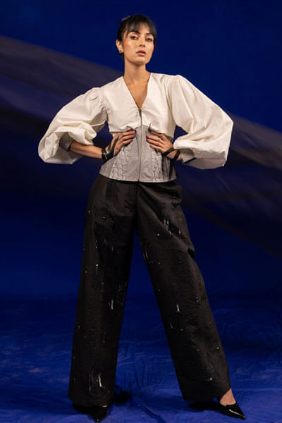 White thread embroidered top