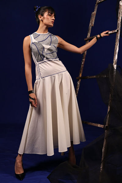 White thread embroidered dress