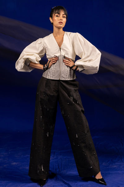 Black thread embroidered pants