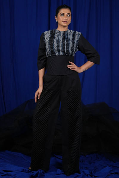 Black thread embroidered top