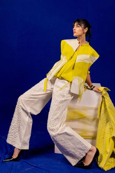 White thread embroidered pants